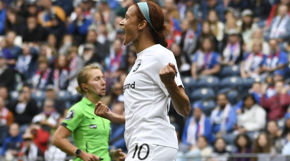 New Jersey/New York Gotham FC forward Lynn Williams celebrates after scoring a goal.